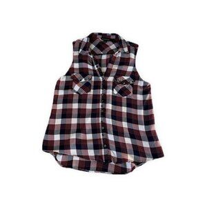 Rock & Republic Sleeveless Plaid Shirt Large Navy Red Rayon Western Button Up